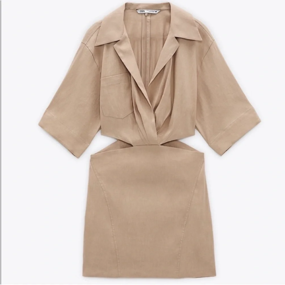 ZARA Blogger Favorite Linen Blend Sand Cut Out Mini Dress Size Small - Picture 8 of 14